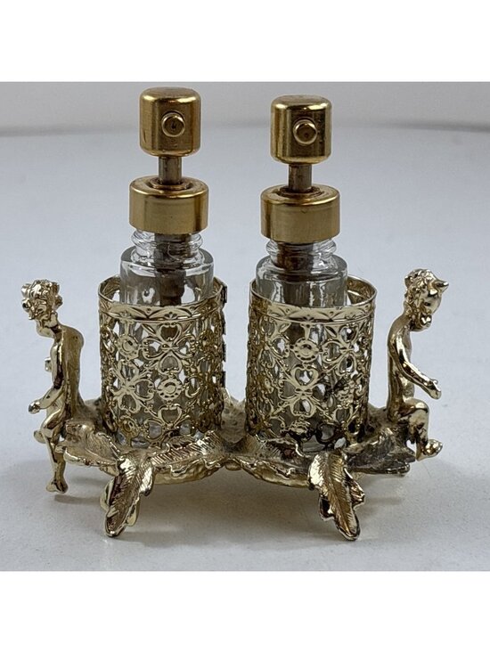 Sam Fink Accessories - Vintage Cherub Perfume Glass Bottle Set Gold Filigree Holder SF Hollywood Reg